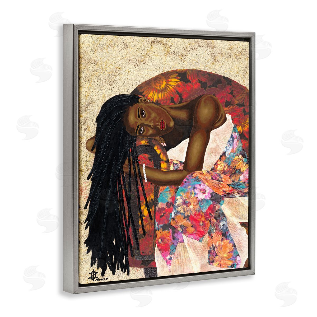 Alonzo Saunders Female with Tropical Print Dress Glam Fashion Gray Floater Frame Canvas Art