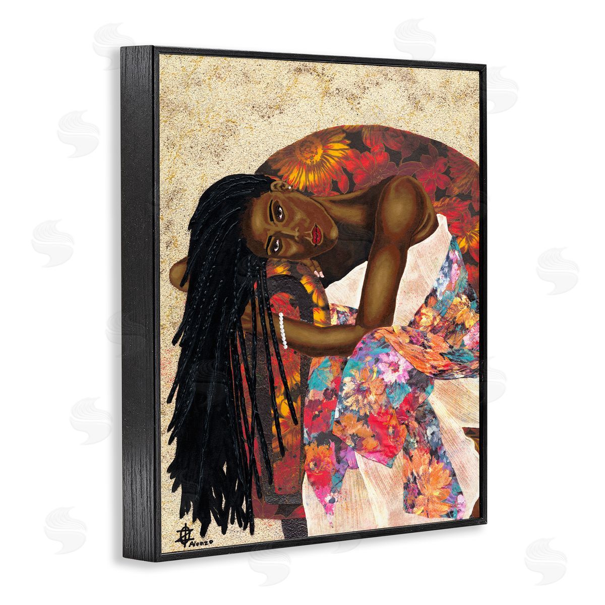 Alonzo Saunders Female with Tropical Print Dress Glam Fashion Black Framed Giclee Wall Art