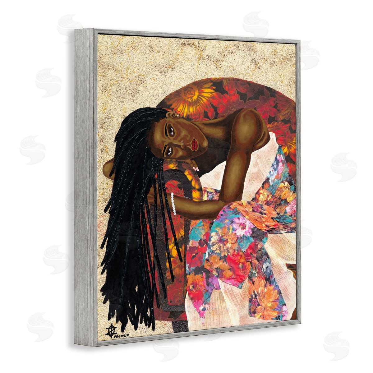 Alonzo Saunders Female with Tropical Print Dress Glam Fashion Gray Framed Giclee Wall Art