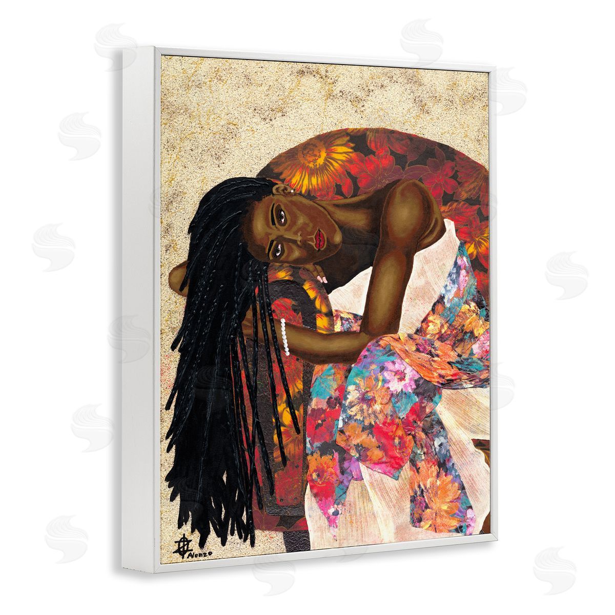 Alonzo Saunders Female with Tropical Print Dress Glam Fashion White Framed Giclee Wall Art