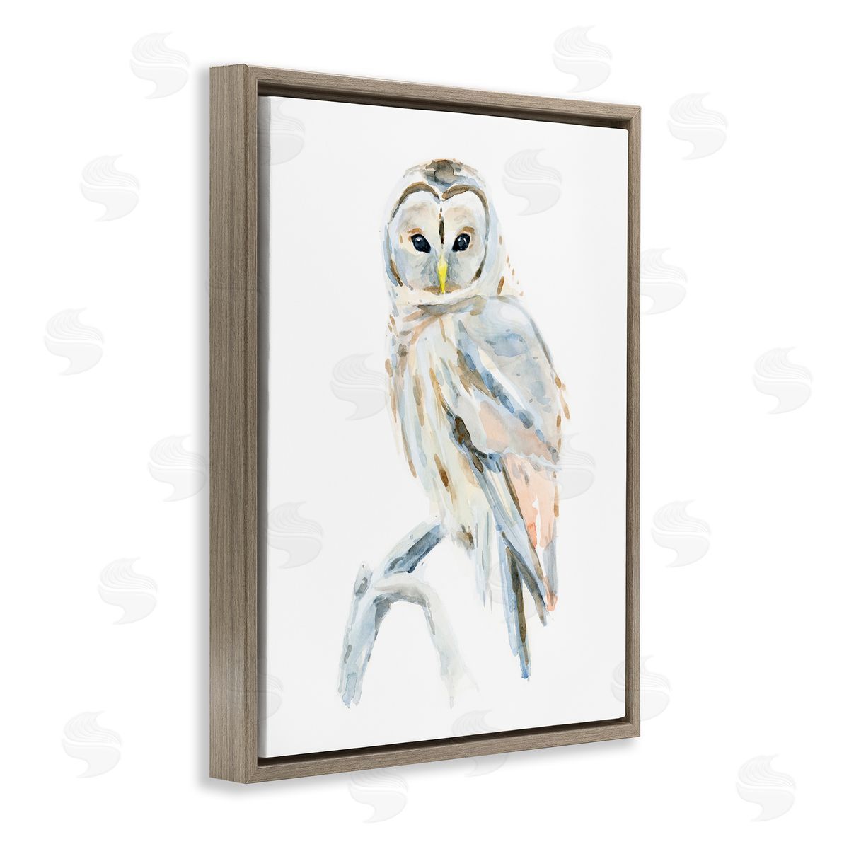 Annie Warren Winter Artic Owl Portrait Perched on Tree Branch Brown Floater Frame Canvas Art