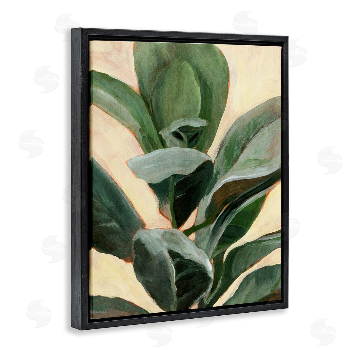 Annie Warren Plant in Pot Study Curved Green Branches Black Floater Frame Canvas Art
