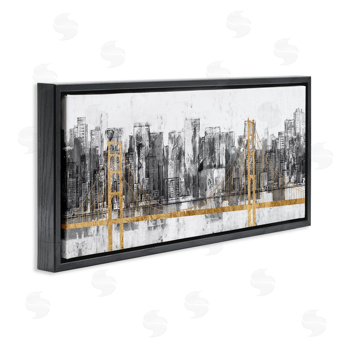 Urban Golden Bridge Cityscape Black Floating Frame Canvas Wall Art, Home Decor by Jennifer Goldberger