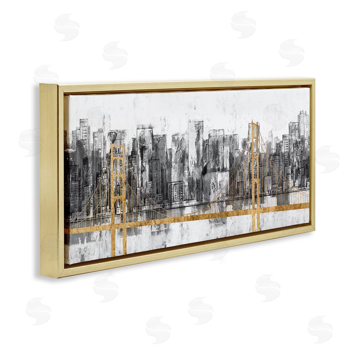 Urban Golden Bridge Cityscape Gold Floating Frame Canvas Wall Art, Home Decor by Jennifer Goldberger