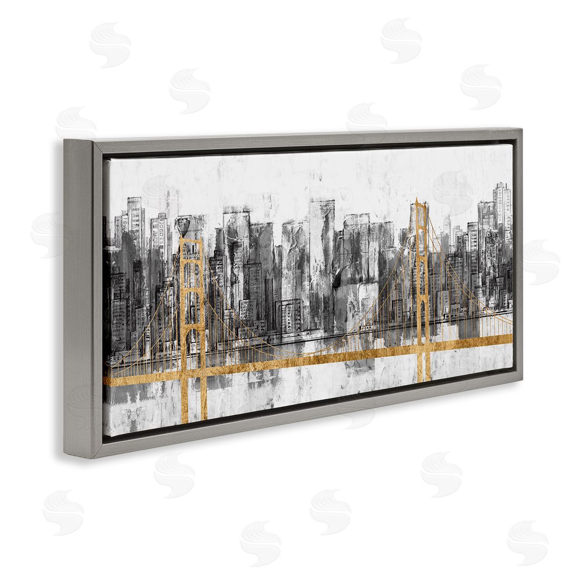 Urban Golden Bridge Cityscape Grey Floating Frame Canvas Wall Art, Home Decor by Jennifer Goldberger