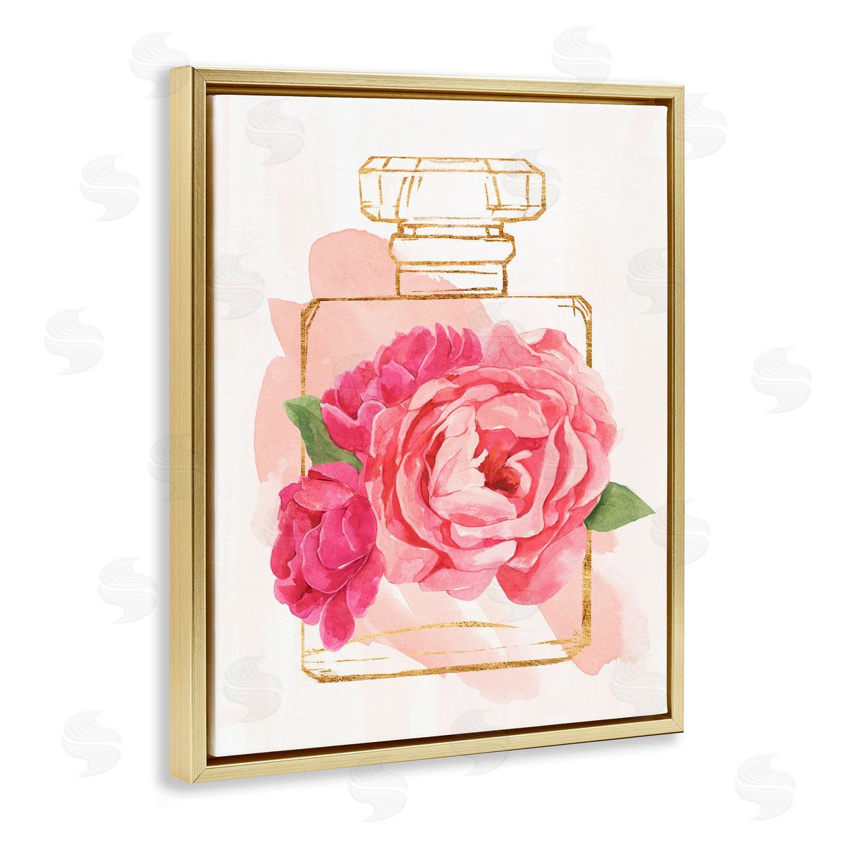 Annie Warren Golden Perfume Bottle Glam Pink Floral Bloom  Gold Floater Frame Canvas Art