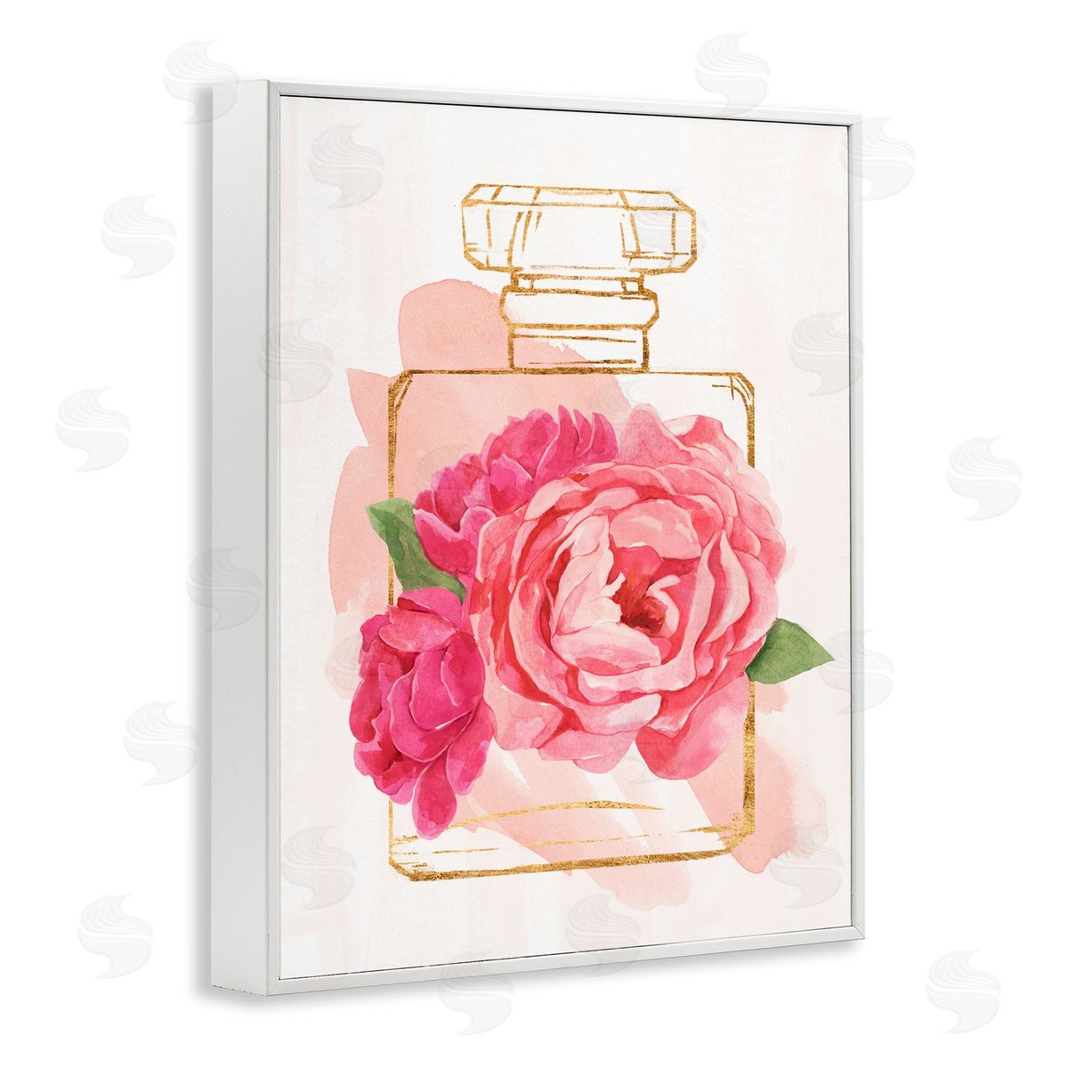 Annie Warren Golden Perfume Bottle Glam Pink Floral Bloom  White Framed Giclee Wall Art
