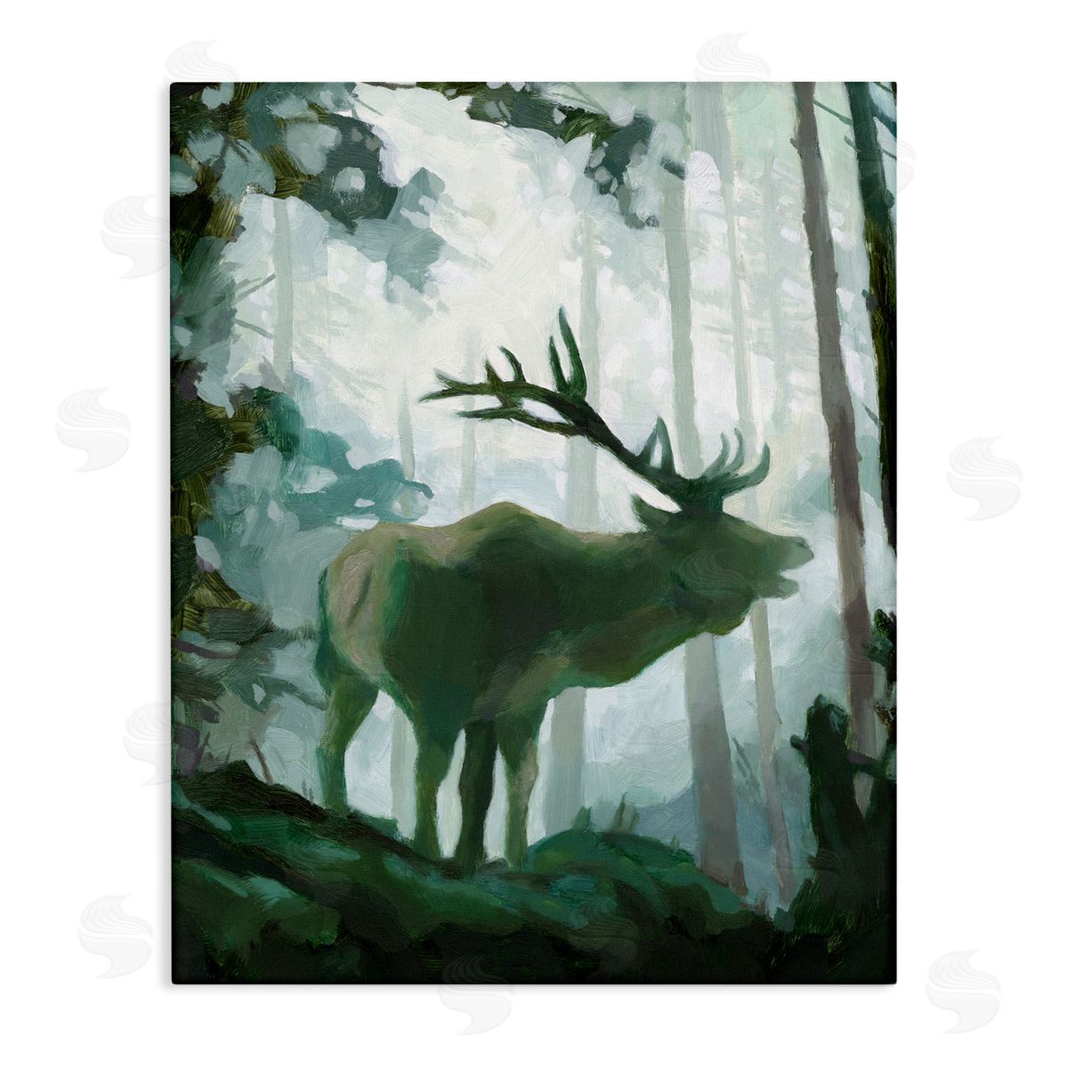Jacob Green Elk Wilderness Silhouette Deep Green Forest Animal Canvas Wall Art