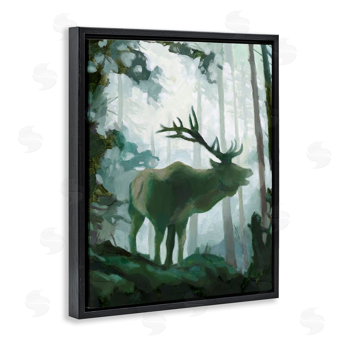 Jacob Green Elk Wilderness Silhouette Deep Green Forest Animal Black Floater Frame Canvas Art