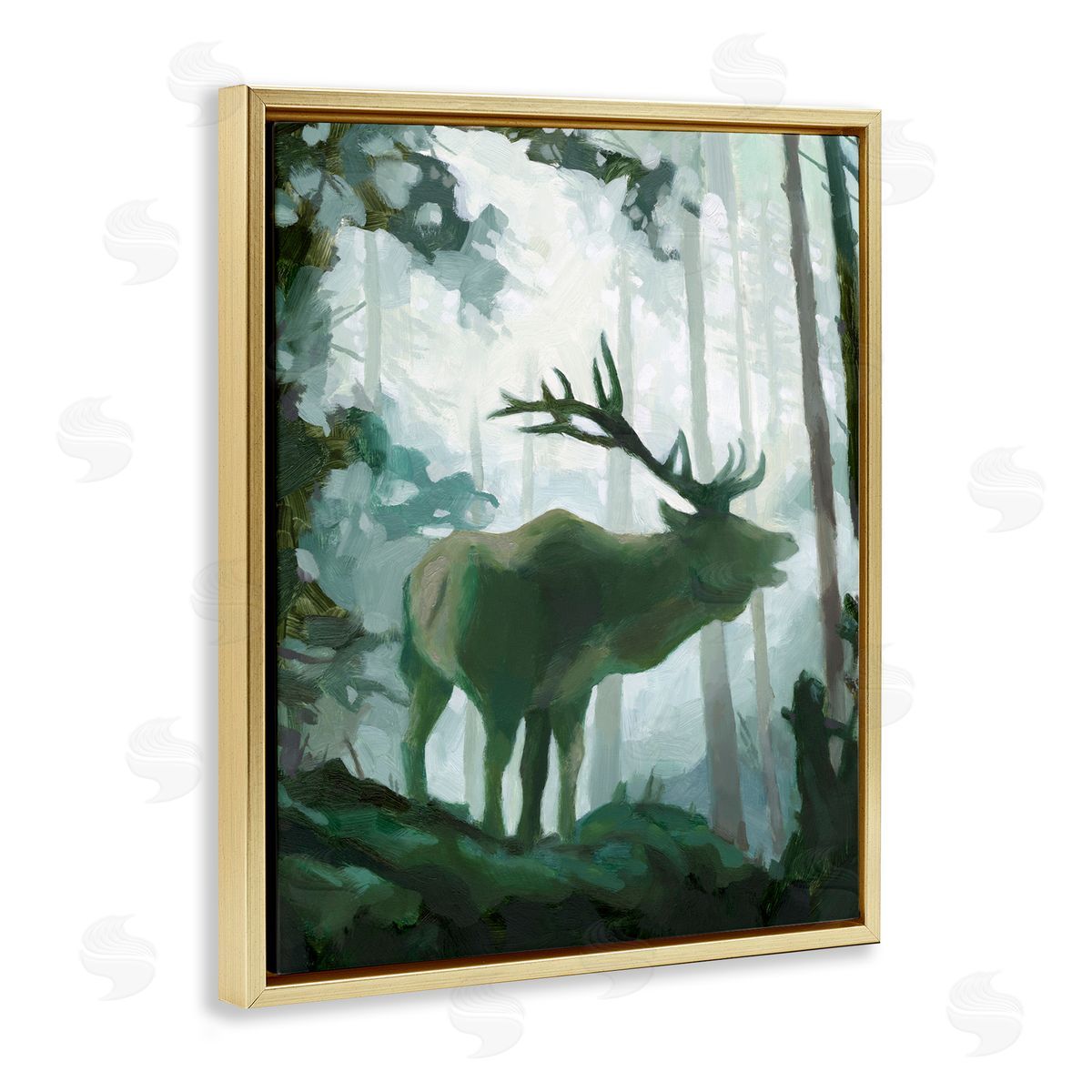 Jacob Green Elk Wilderness Silhouette Deep Green Forest Animal Gold Floater Frame Canvas Art