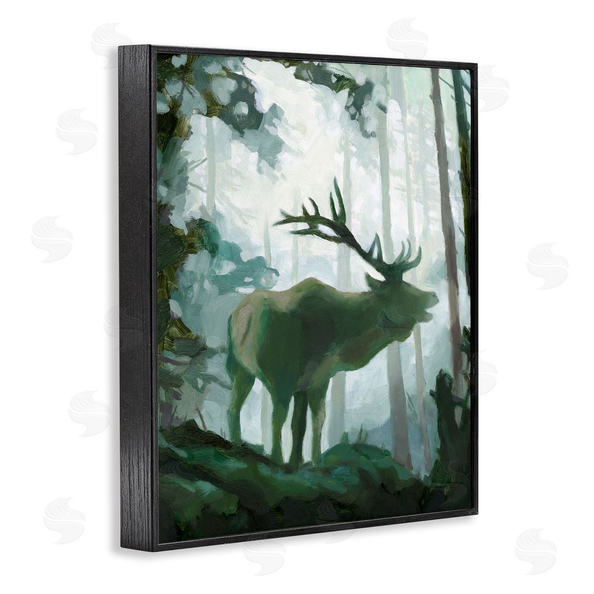 Jacob Green Elk Wilderness Silhouette Deep Green Forest Animal Black Framed Giclee Wall Art