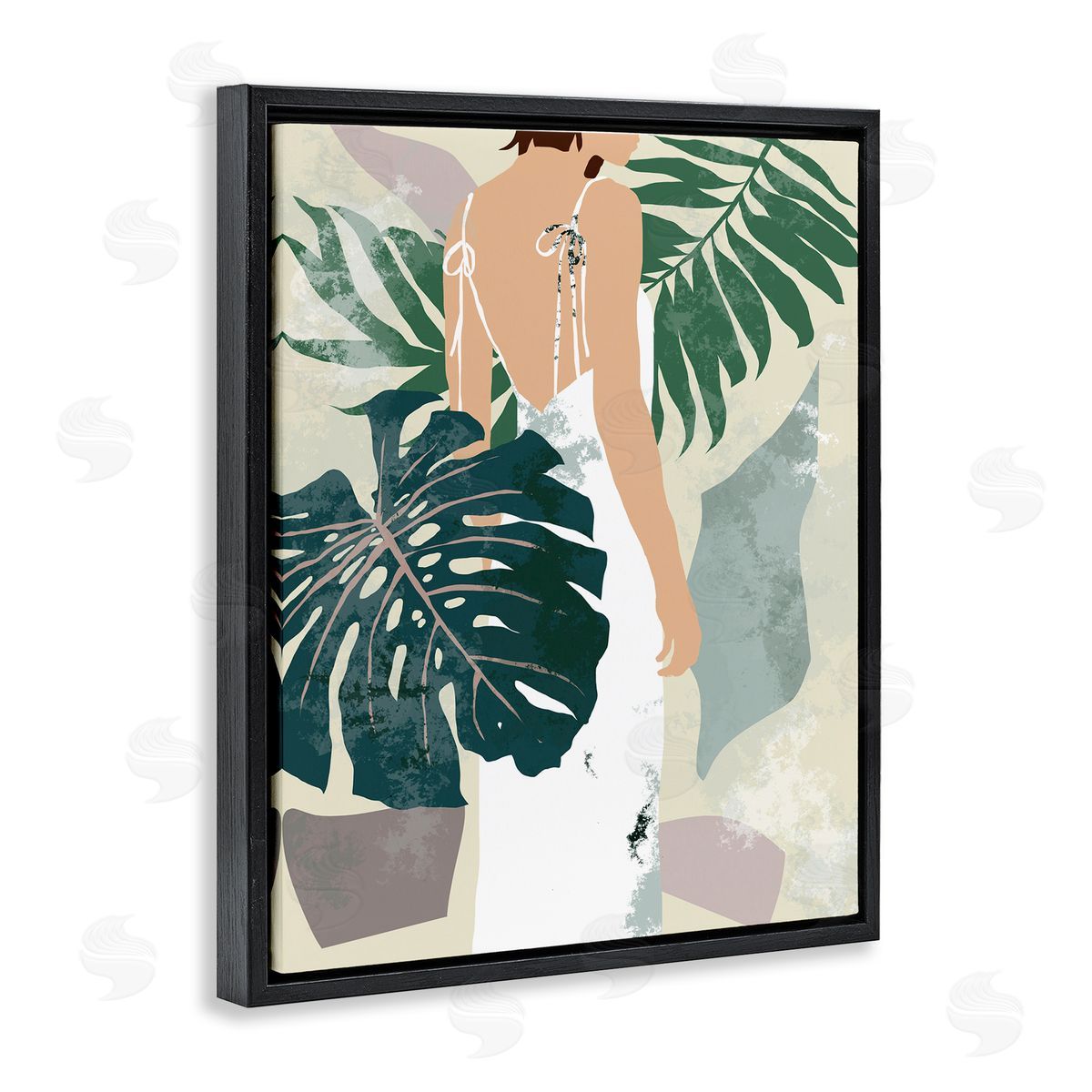 Melissa Wang Woman Between Shaded Palms Tropical Plants Black Floater Frame Canvas Art