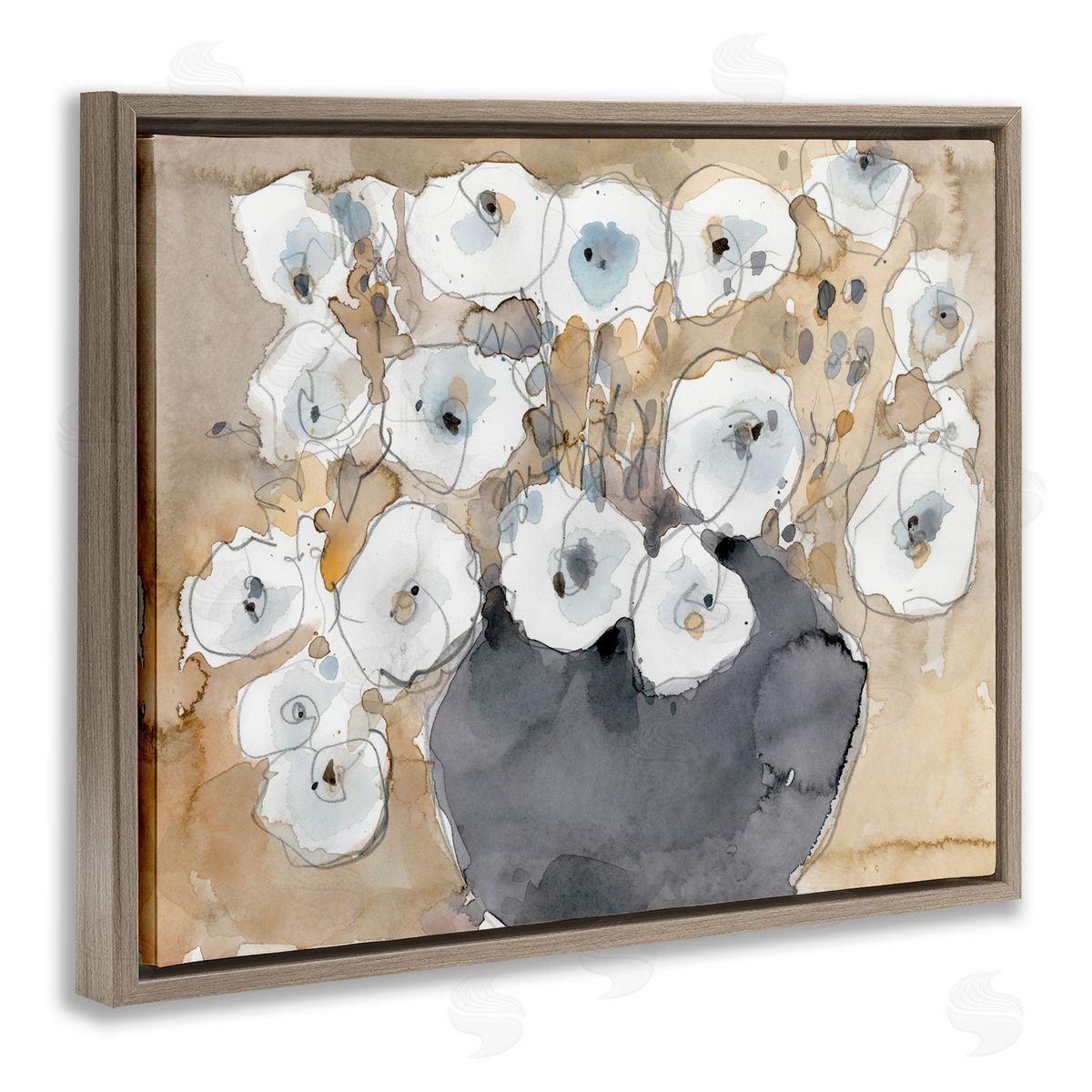 Samuel Dixon Abstract White Blossom Bouquet Neutral Grey Brown Brown Floater Frame Canvas Art