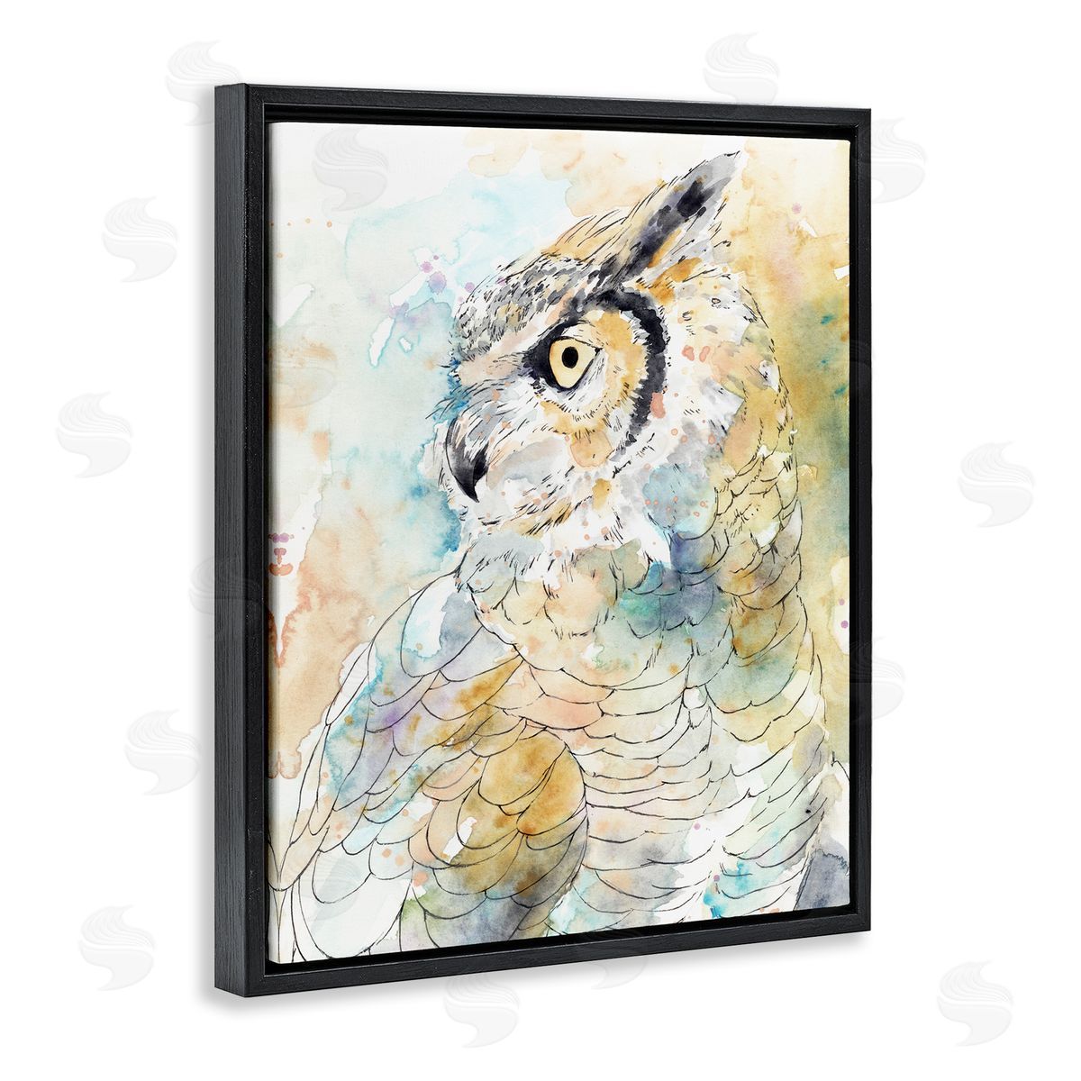 Annie Warren Owl Side Eye Portrait Woodland Bird Watercolor Black Floater Frame Canvas Art