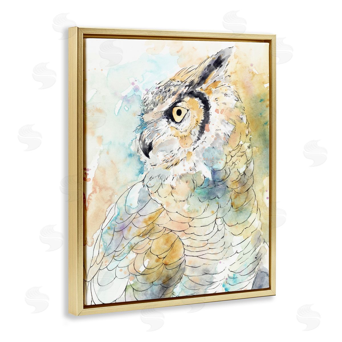 Annie Warren Owl Side Eye Portrait Woodland Bird Watercolor Gold Floater Frame Canvas Art