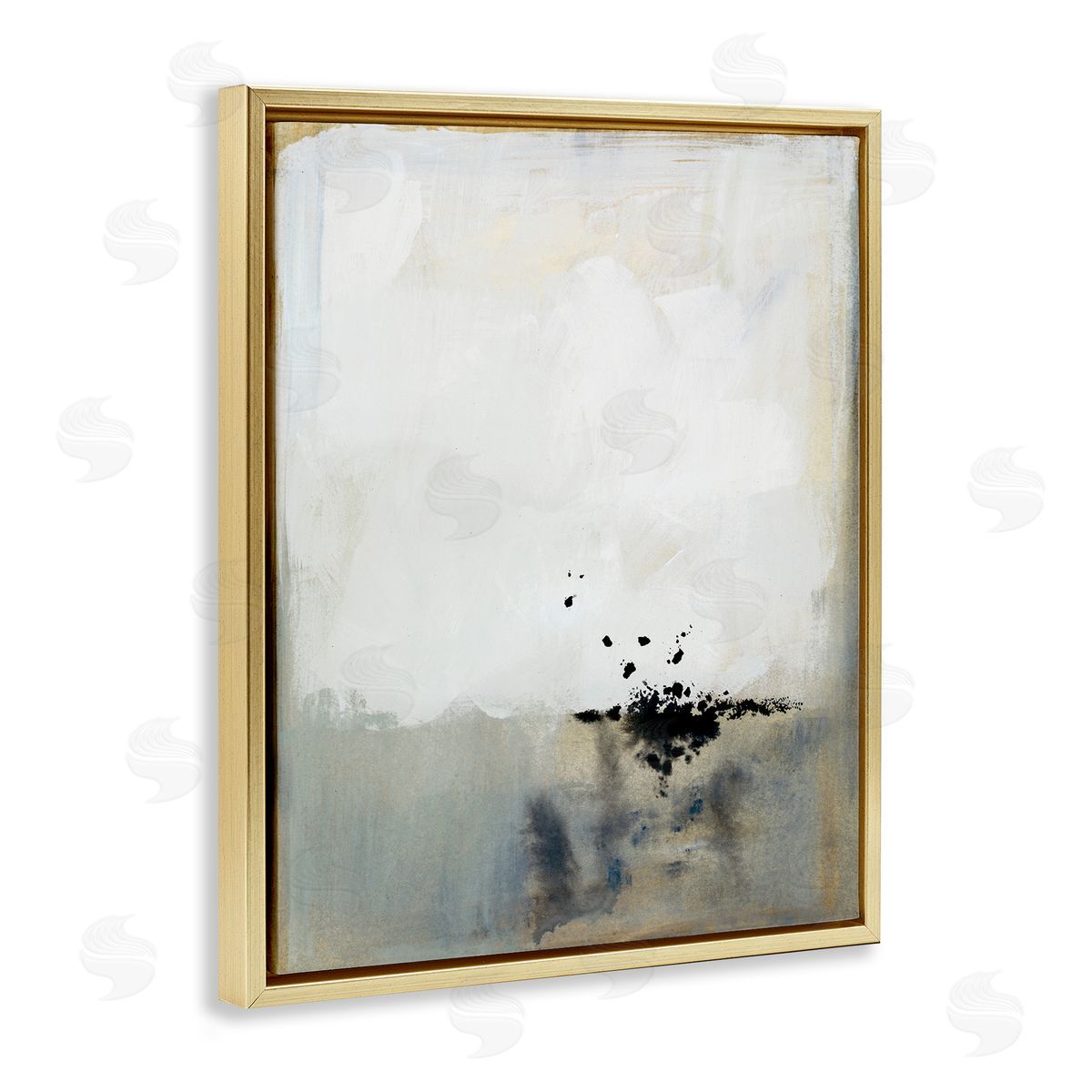 Victoria Barnes Neutral Beige Abstract Painting Black Ink Splatter Gold Floater Frame Canvas Art