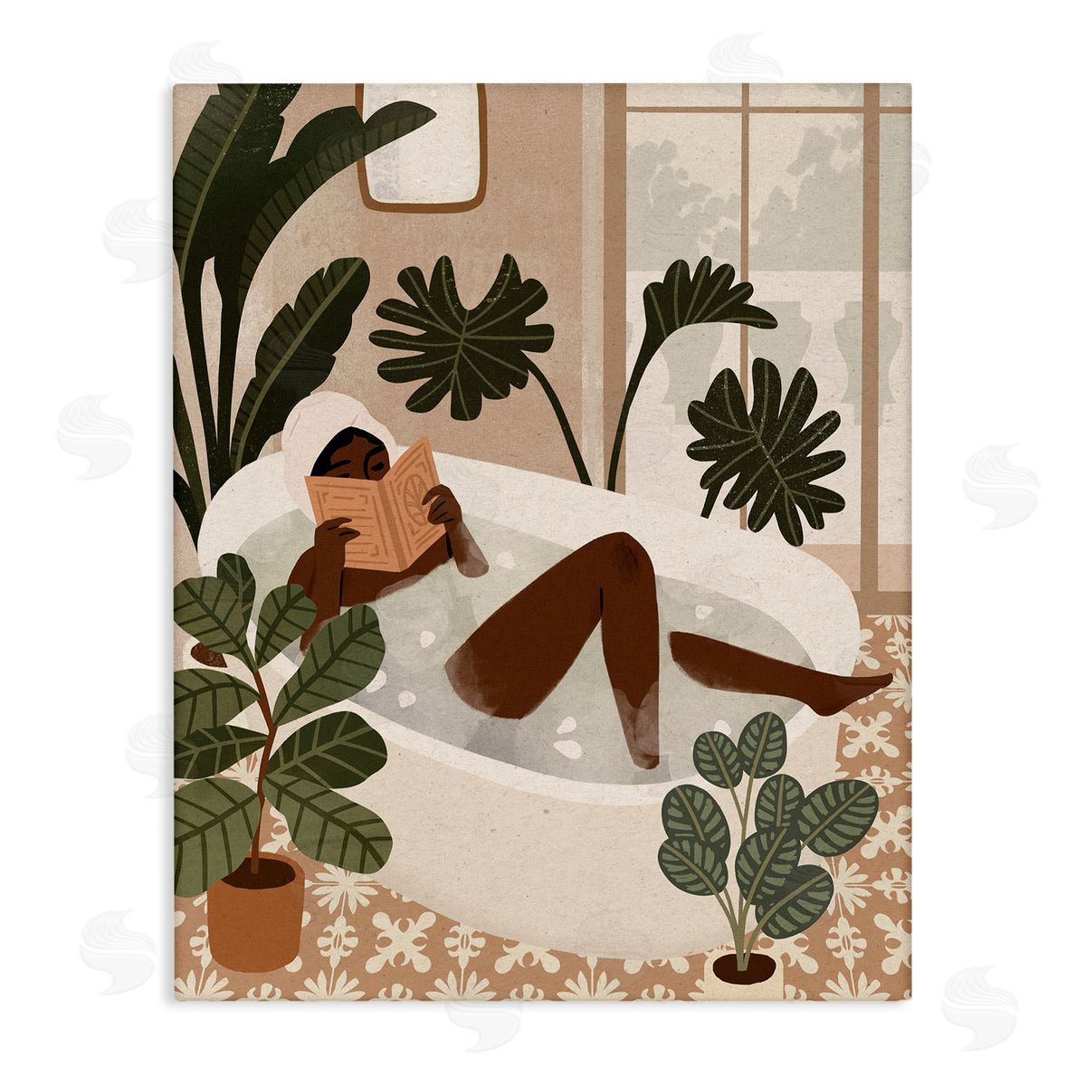 Victoria Barnes Female Reading in Bath Tropical Palm Plants Canvas Wall Art