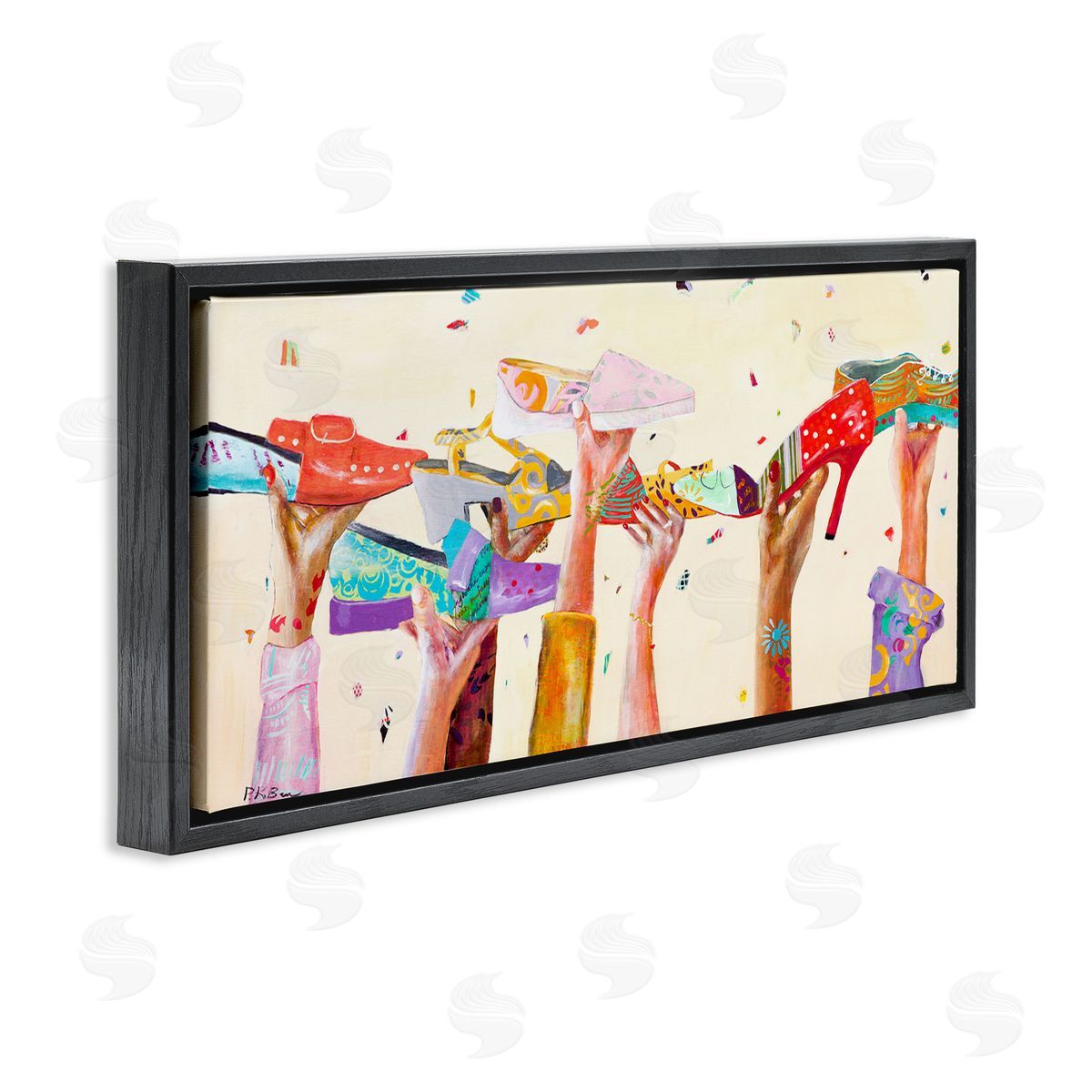 Pamela K. Beer Hands Holding Shoes Cheerful Bright Patterns Black Floater Frame Canvas Art