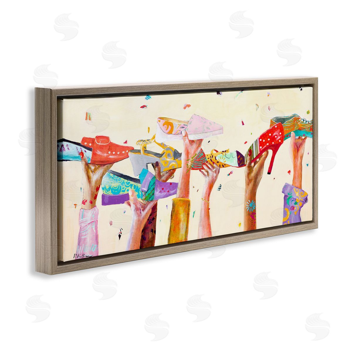 Pamela K. Beer Hands Holding Shoes Cheerful Bright Patterns Brown Floater Frame Canvas Art