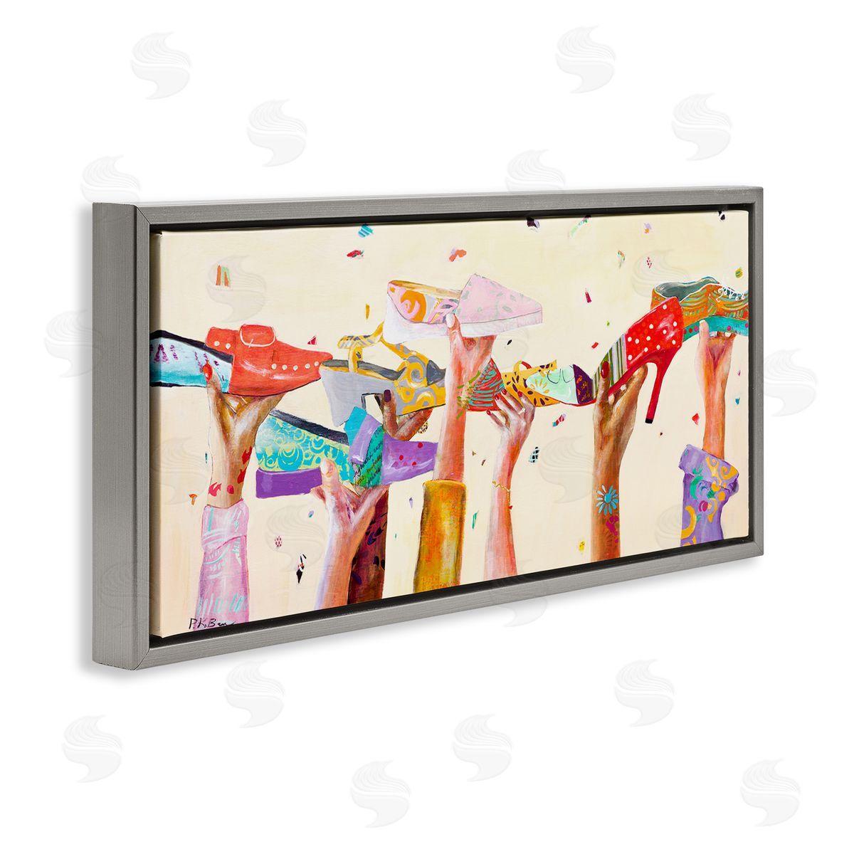 Pamela K. Beer Hands Holding Shoes Cheerful Bright Patterns Gray Floater Frame Canvas Art