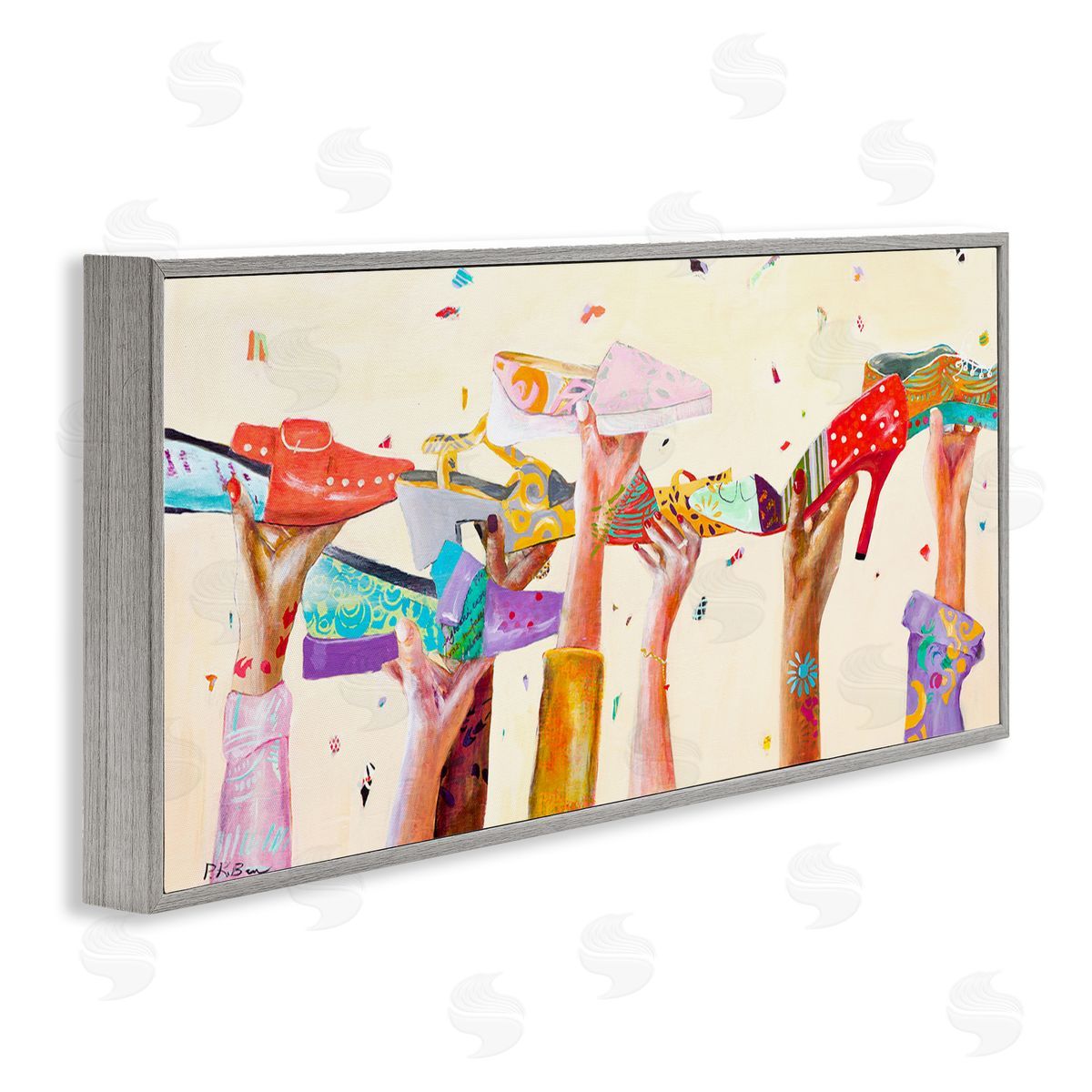 Pamela K. Beer Hands Holding Shoes Cheerful Bright Patterns Gray Framed Giclee Wall Art