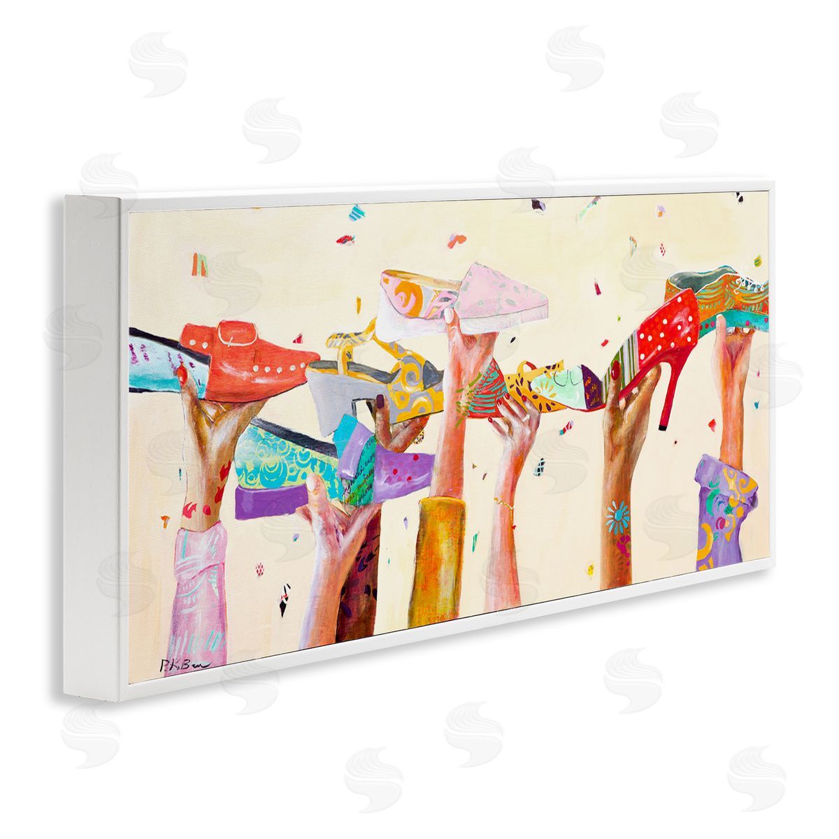 Pamela K. Beer Hands Holding Shoes Cheerful Bright Patterns White Framed Giclee Wall Art