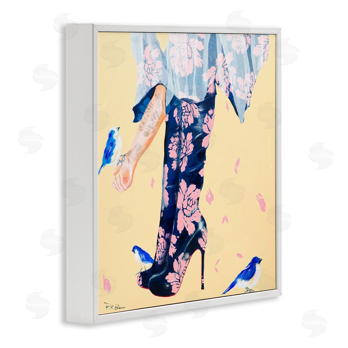 Pamela K. Beer Floral Print Boot Heals Hand Holding Bird White Framed Giclee Wall Art