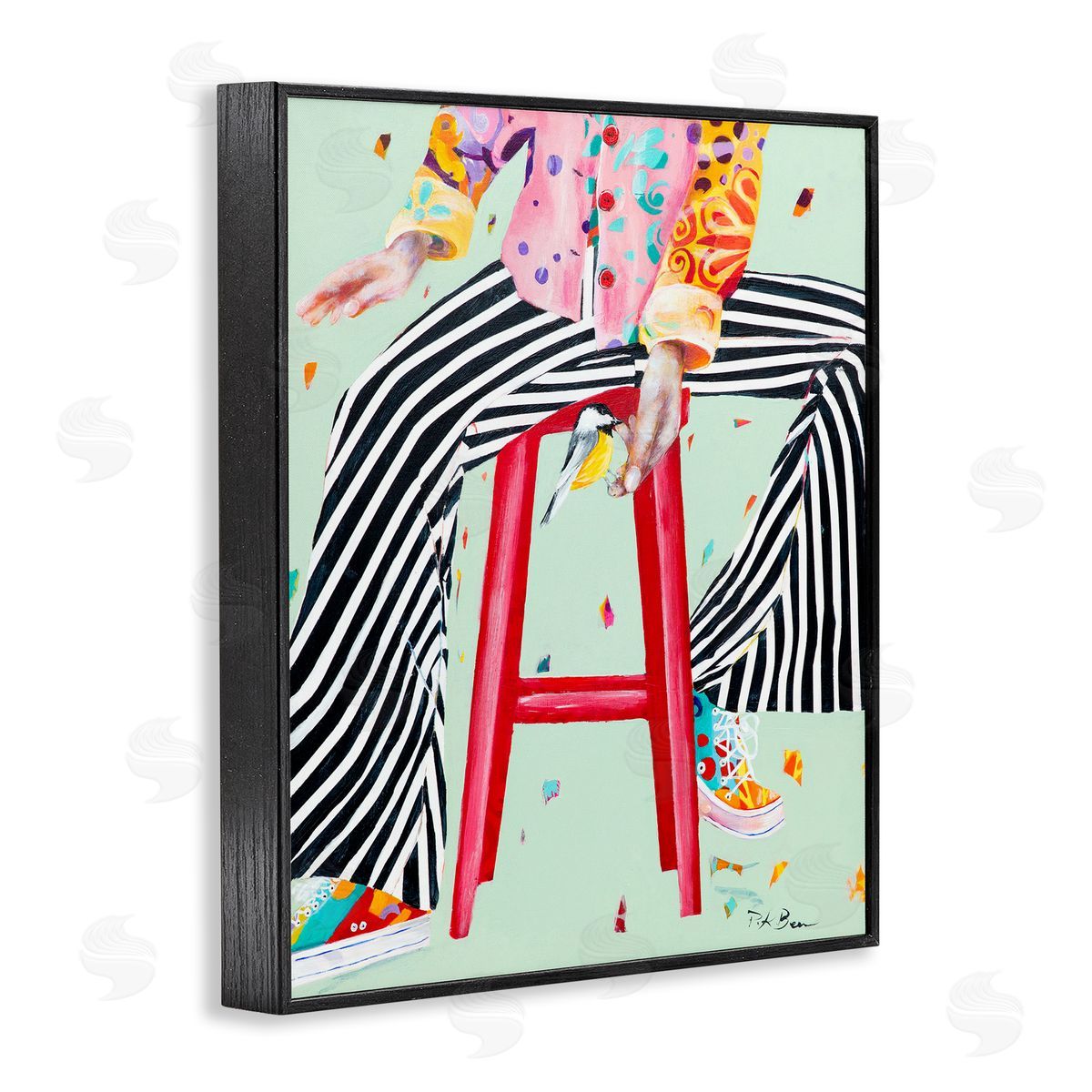 Pamela K. Beer Sitting On Stool with Bird Fun Expressive Fashion Black Framed Giclee Wall Art