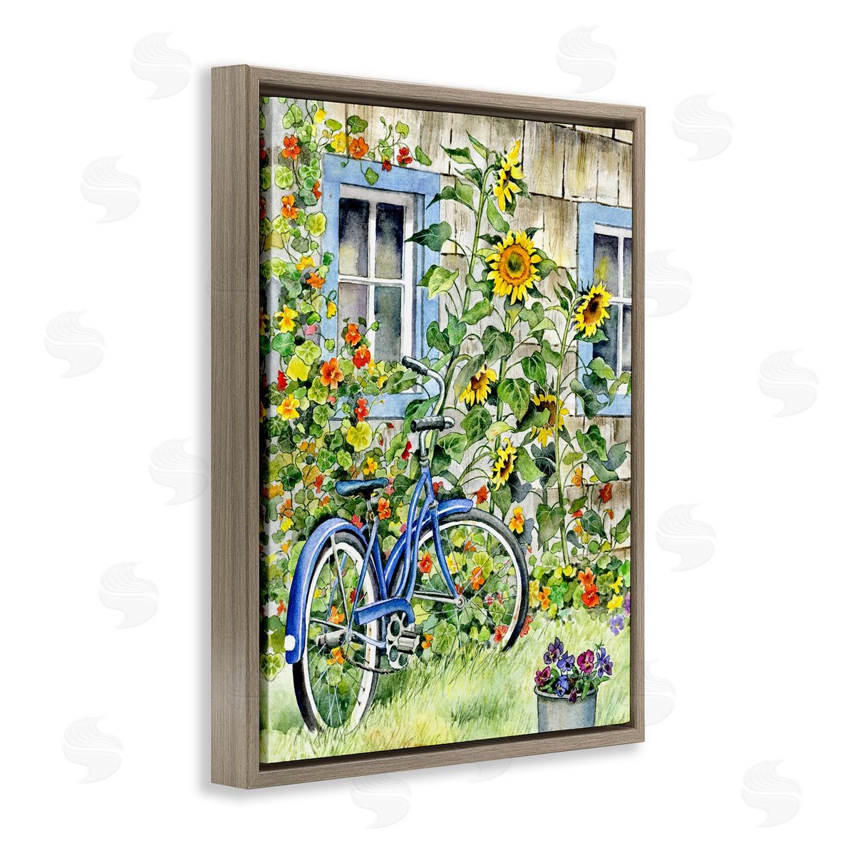 Gwendolyn Babbit Blue Bicycle on Traditional Farmhouse Sunflowers Brown Floater Frame Canvas Art