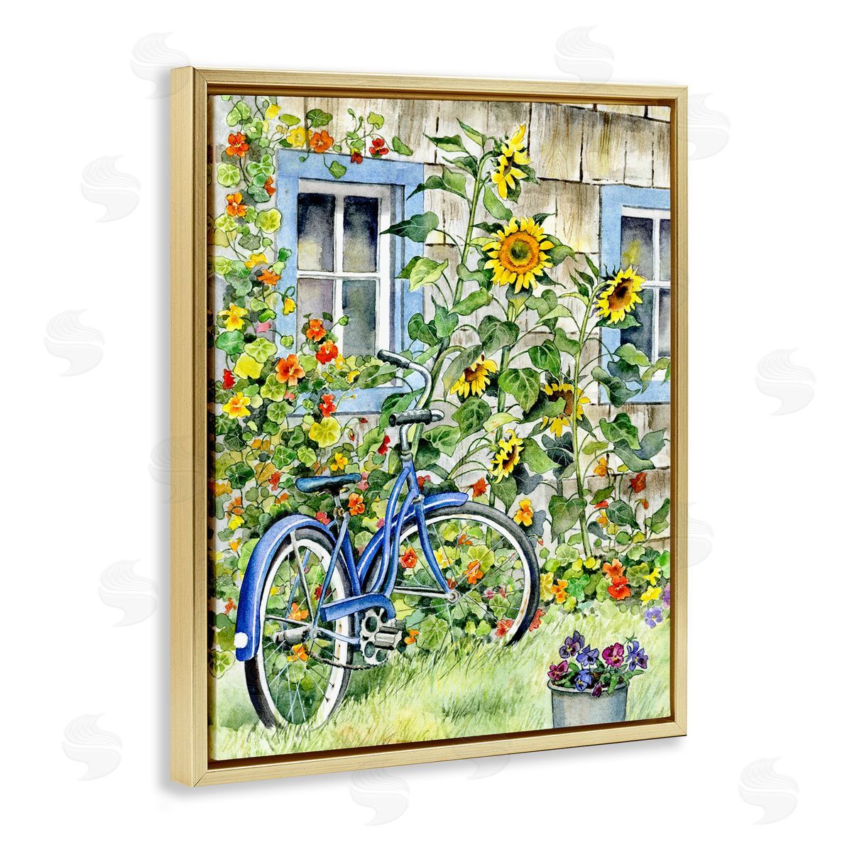 Gwendolyn Babbit Blue Bicycle on Traditional Farmhouse Sunflowers Gold Floater Frame Canvas Art