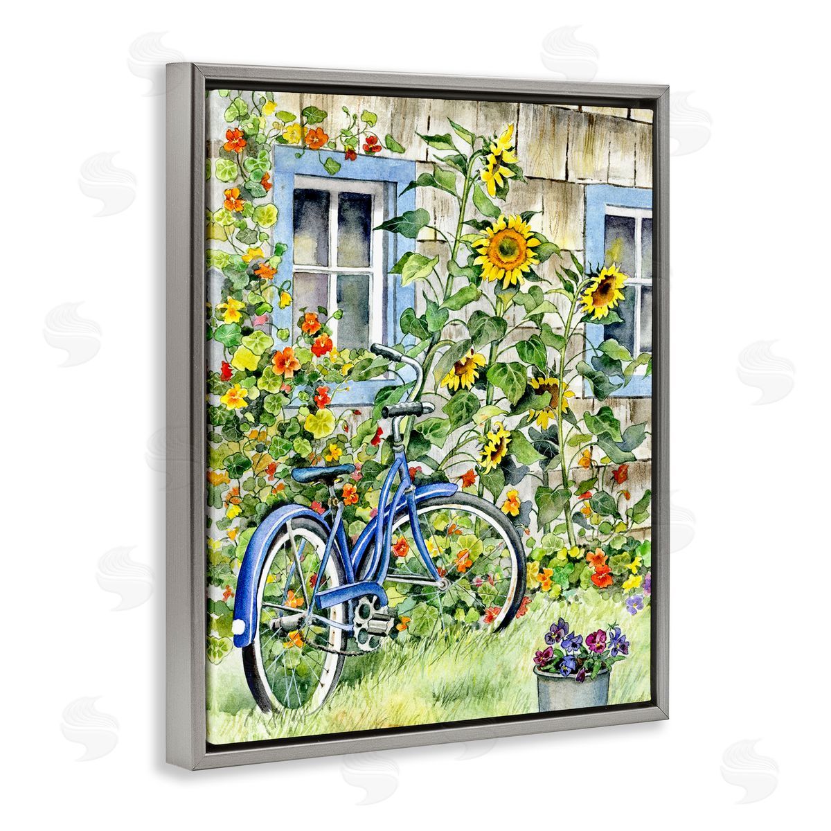 Gwendolyn Babbit Blue Bicycle on Traditional Farmhouse Sunflowers Gray Floater Frame Canvas Art
