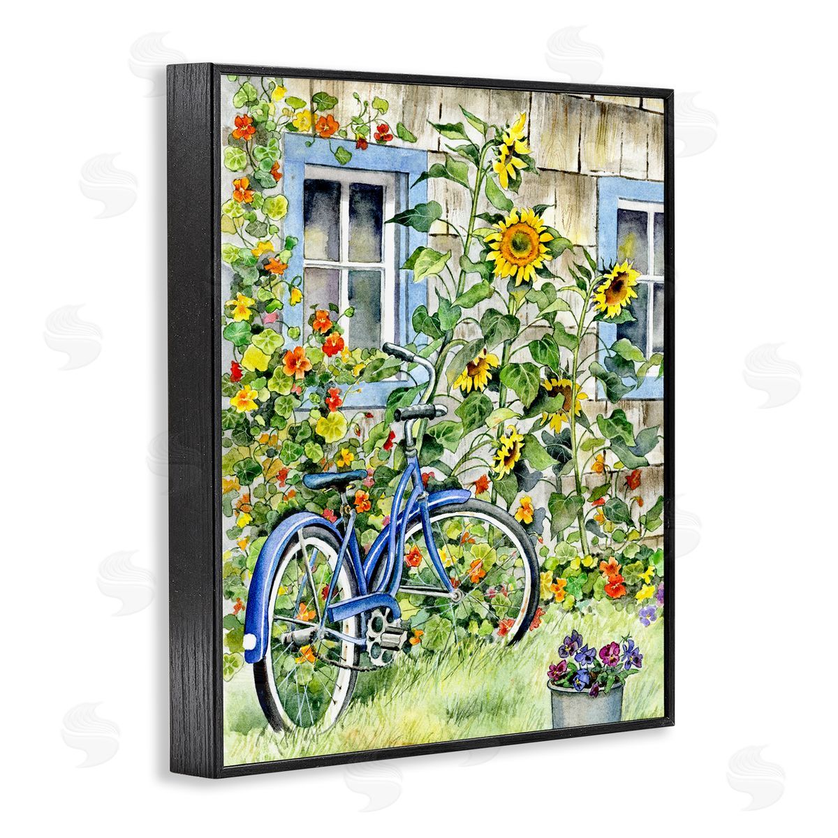 Gwendolyn Babbit Blue Bicycle on Traditional Farmhouse Sunflowers Black Framed Giclee Wall Art
