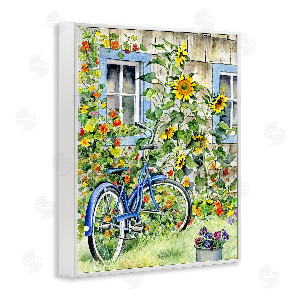 Gwendolyn Babbit Blue Bicycle on Traditional Farmhouse Sunflowers White Framed Giclee Wall Art