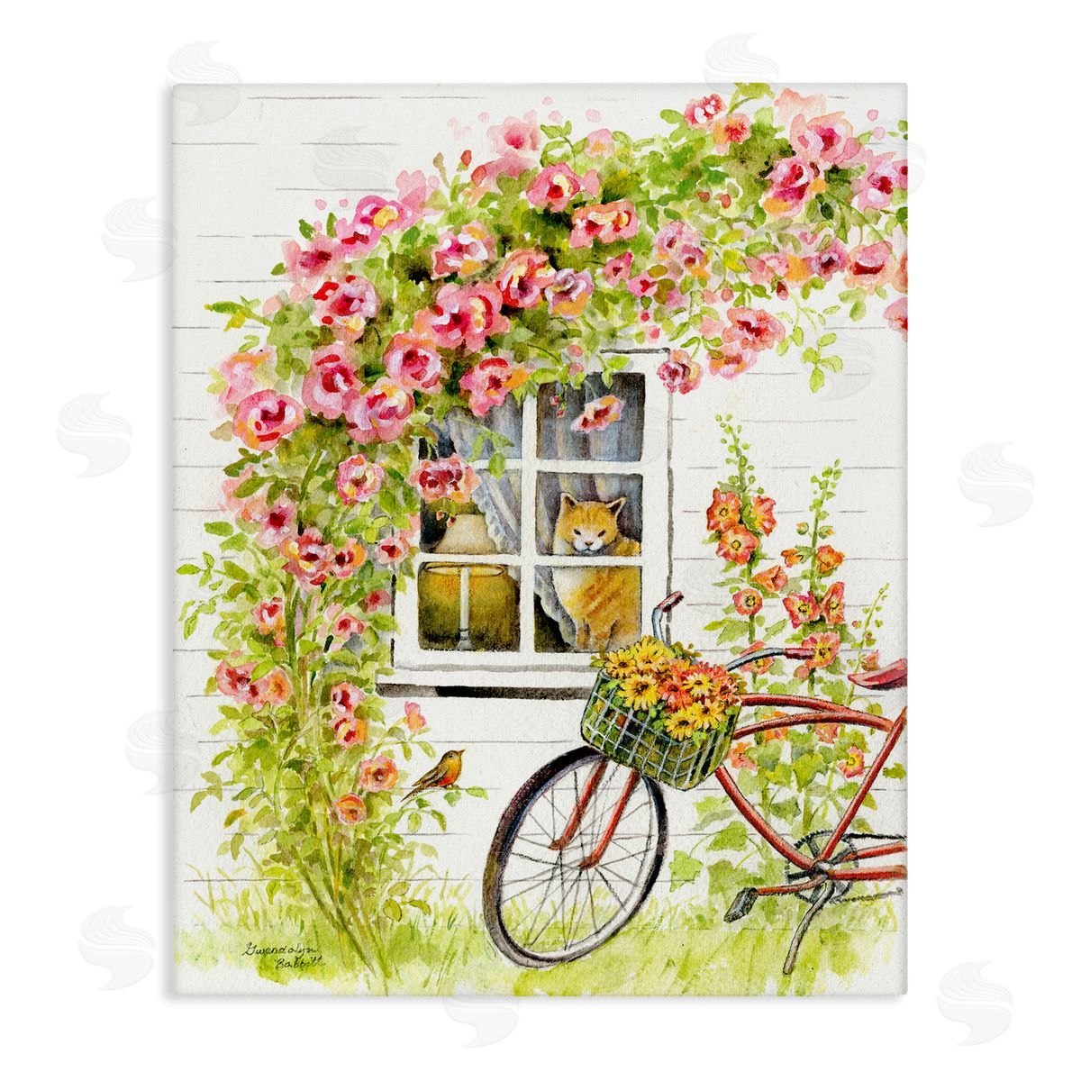 Gwendolyn Babbit Pink Bicycle with Charming Cat Cottage Canvas Wall Art