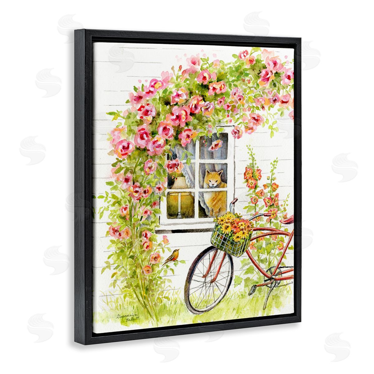 Gwendolyn Babbit Pink Bicycle with Charming Cat Cottage Black Floater Frame Canvas Art