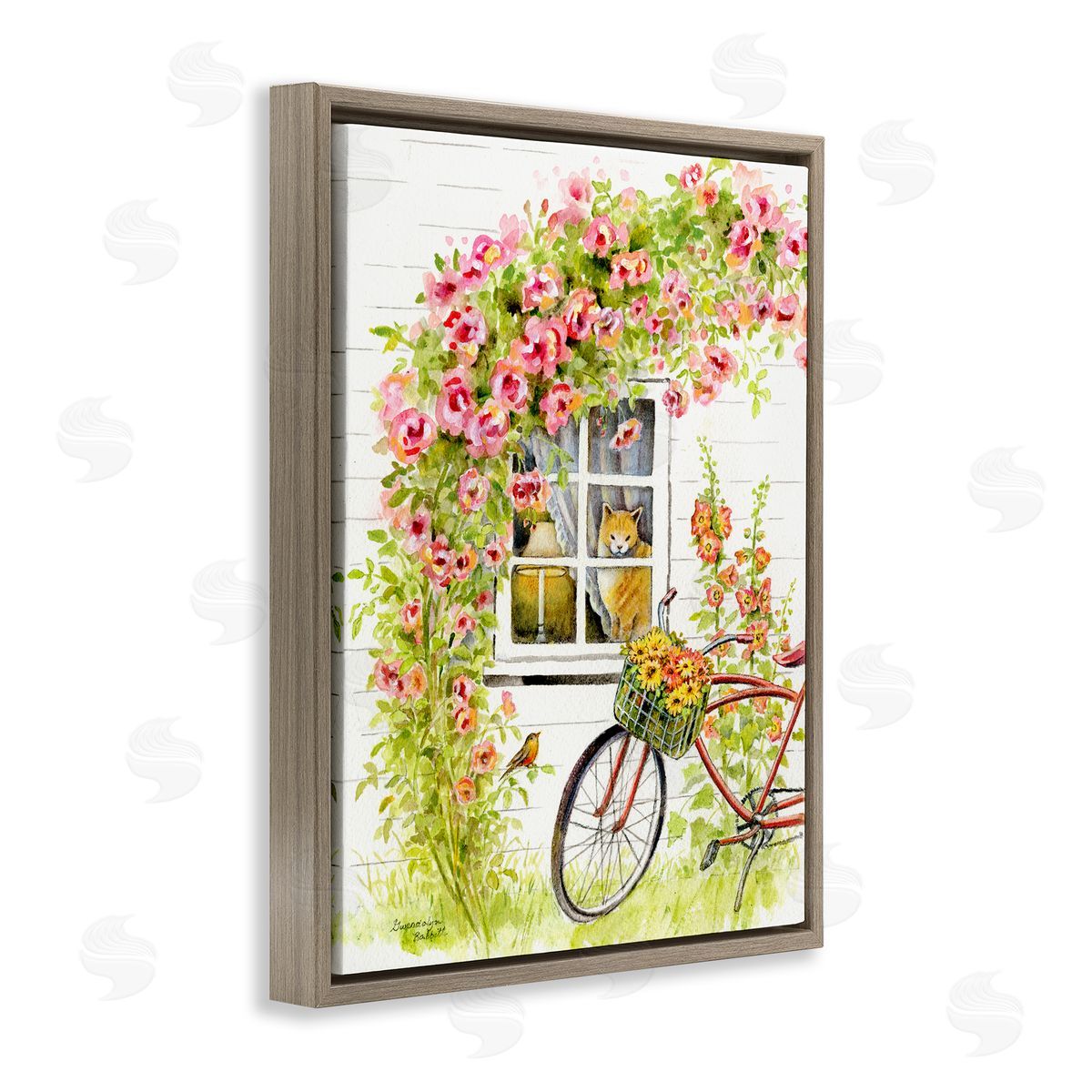 Gwendolyn Babbit Pink Bicycle with Charming Cat Cottage Brown Floater Frame Canvas Art