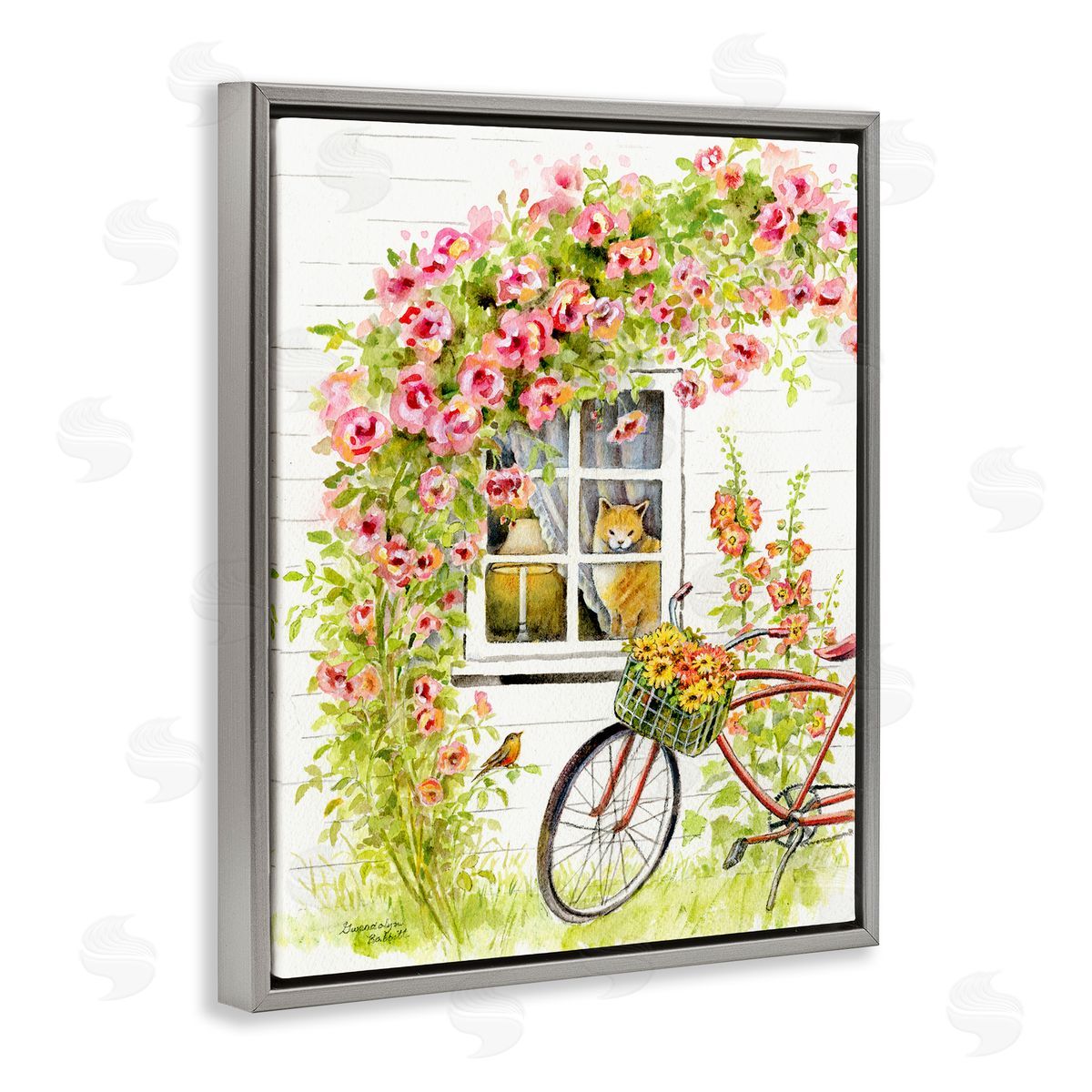 Gwendolyn Babbit Pink Bicycle with Charming Cat Cottage Gray Floater Frame Canvas Art
