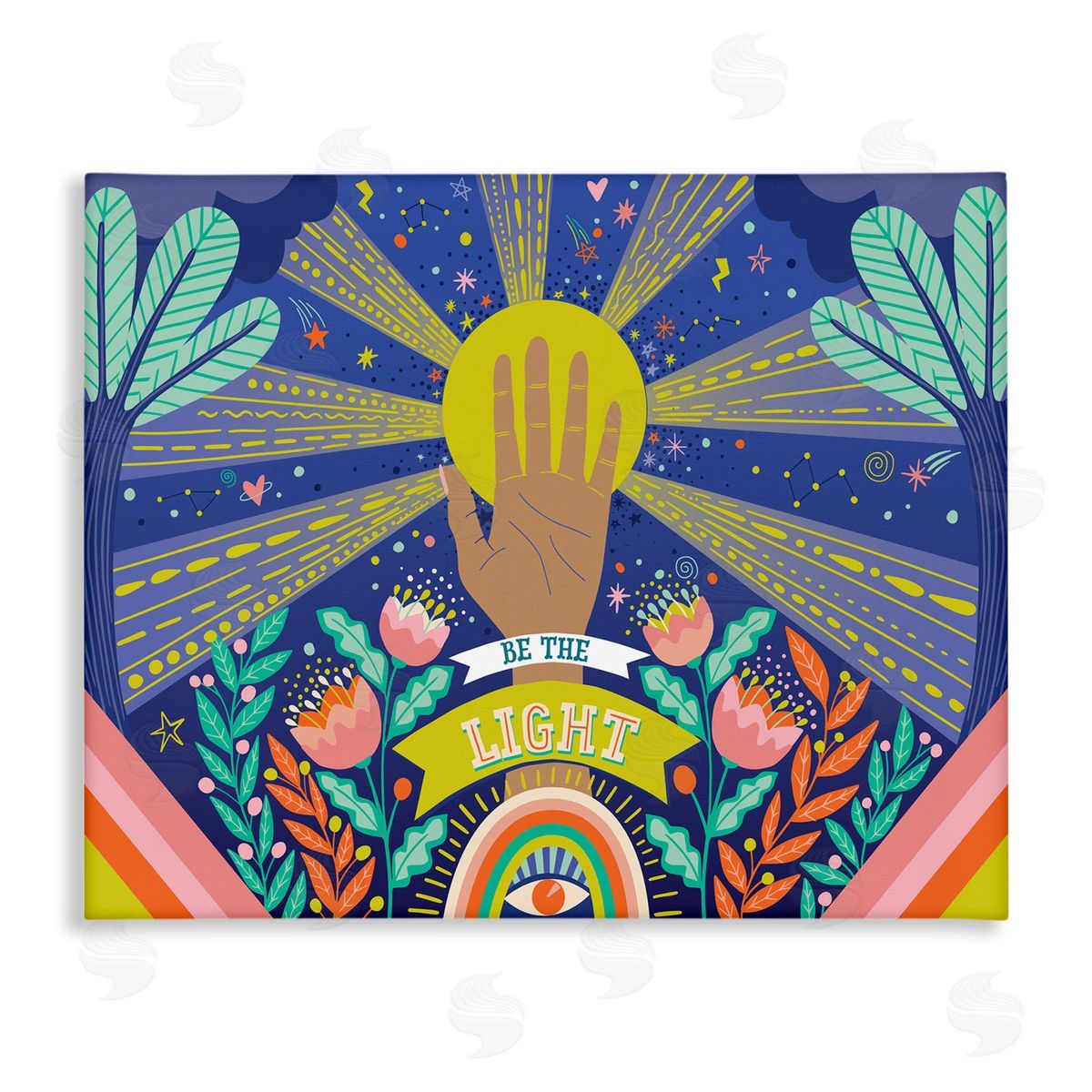 Caroline Alfreds Be the Light Quote Boho Chic Floral Sunrays Canvas Wall Art