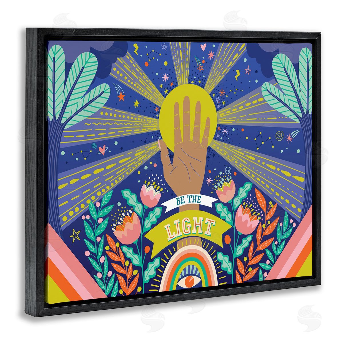 Caroline Alfreds Be the Light Quote Boho Chic Floral Sunrays Black Floater Frame Canvas Art