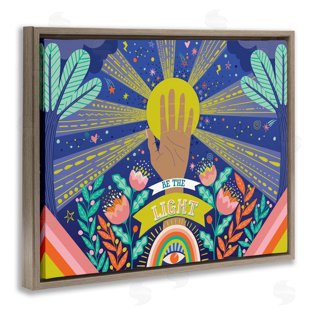 Caroline Alfreds Be the Light Quote Boho Chic Floral Sunrays Brown Floater Frame Canvas Art