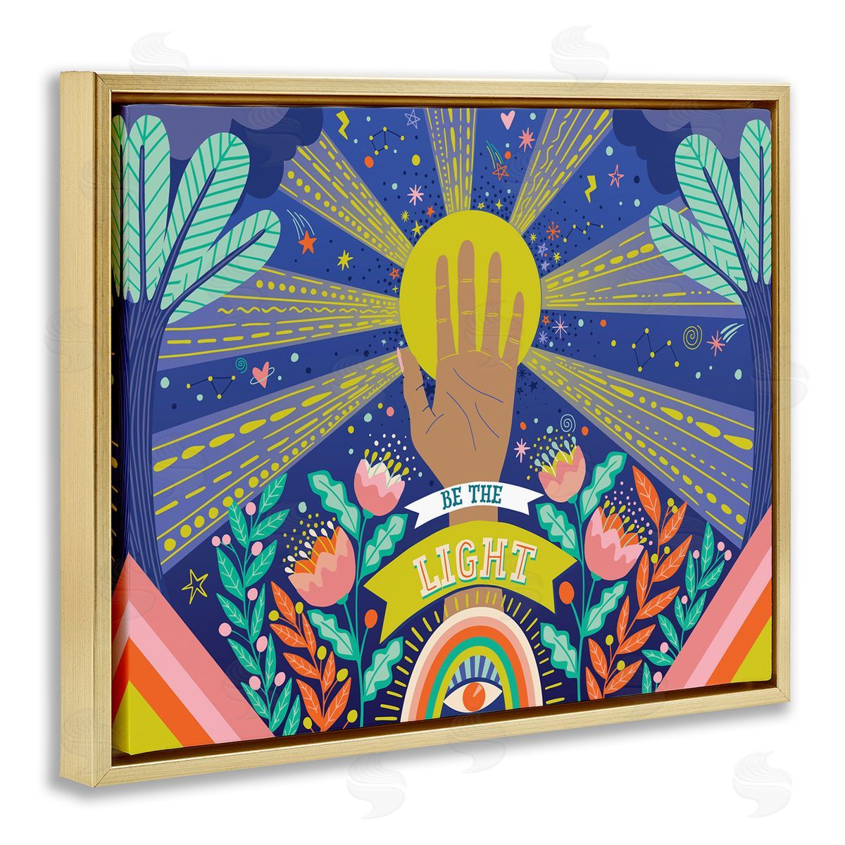 Caroline Alfreds Be the Light Quote Boho Chic Floral Sunrays Gold Floater Frame Canvas Art