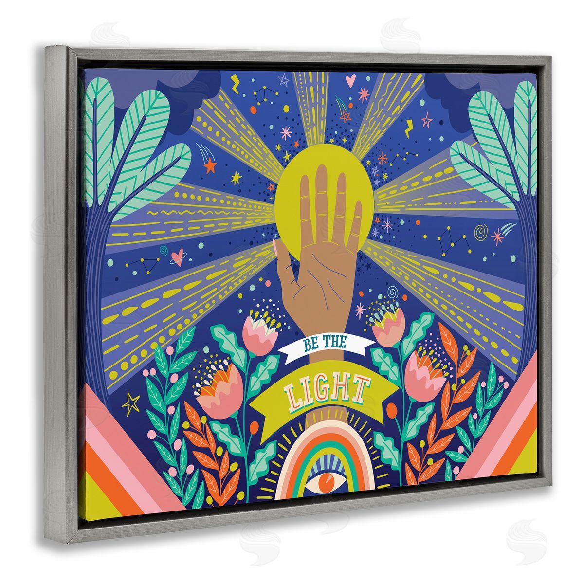 Caroline Alfreds Be the Light Quote Boho Chic Floral Sunrays Gray Floater Frame Canvas Art