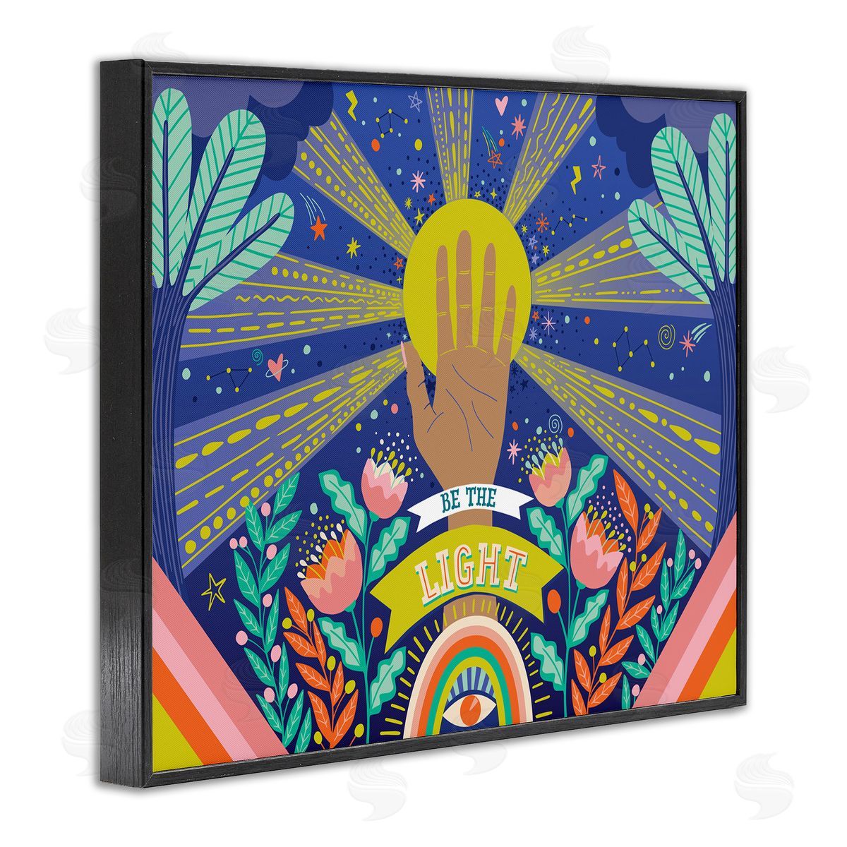 Caroline Alfreds Be the Light Quote Boho Chic Floral Sunrays Black Framed Giclee Wall Art