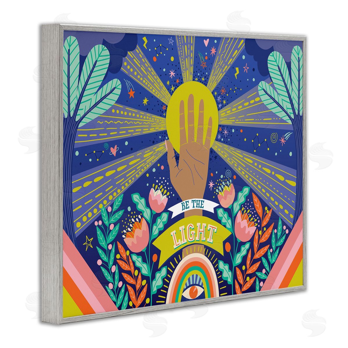 Caroline Alfreds Be the Light Quote Boho Chic Floral Sunrays Gray Framed Giclee Wall Art