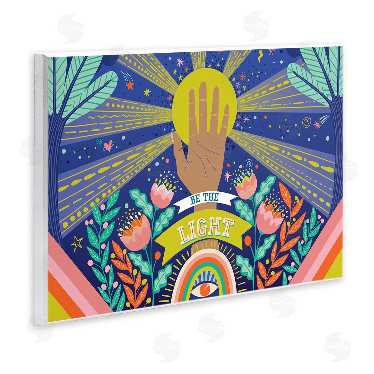 Caroline Alfreds Be the Light Quote Boho Chic Floral Sunrays Wall Plaque Art