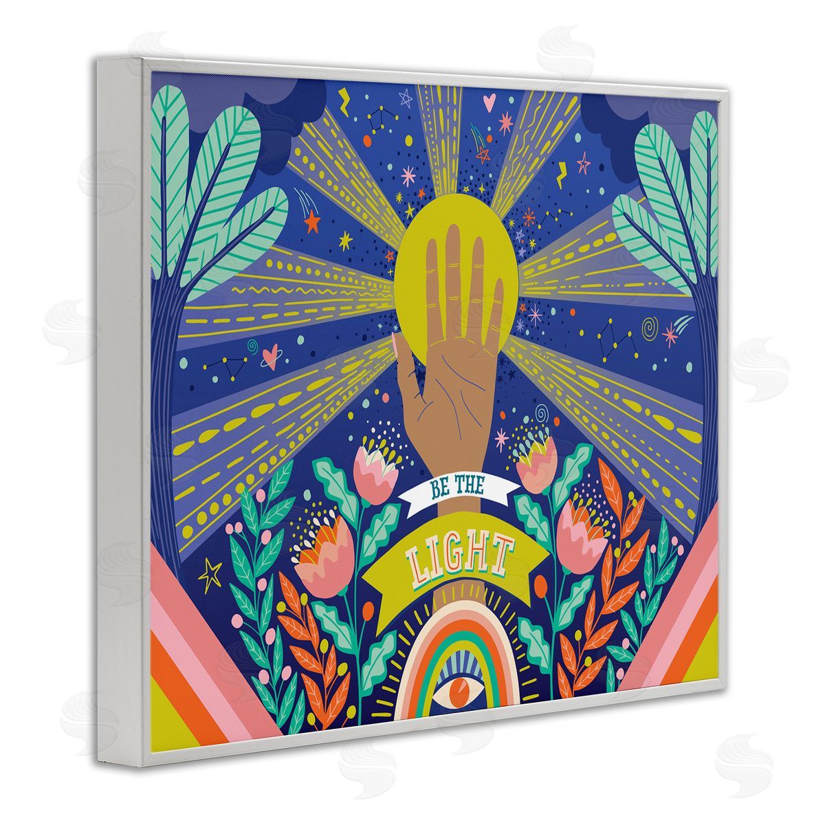 Caroline Alfreds Be the Light Quote Boho Chic Floral Sunrays White Framed Giclee Wall Art