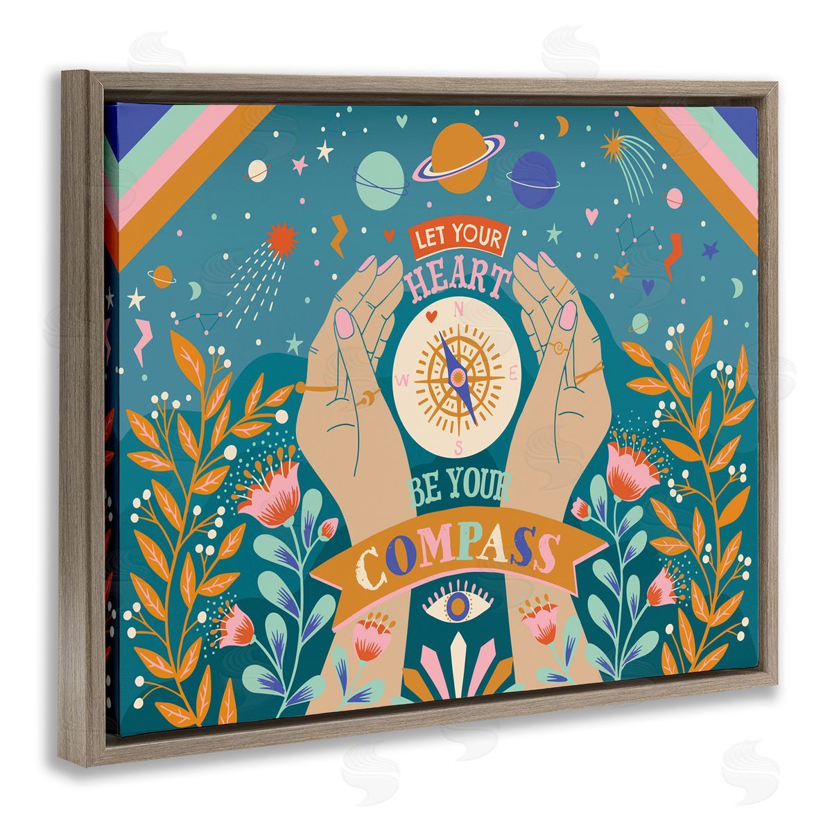 Caroline Alfreds Heart Be Your Compass Phrase Boho Chic Constellations Brown Floater Frame Canvas Art