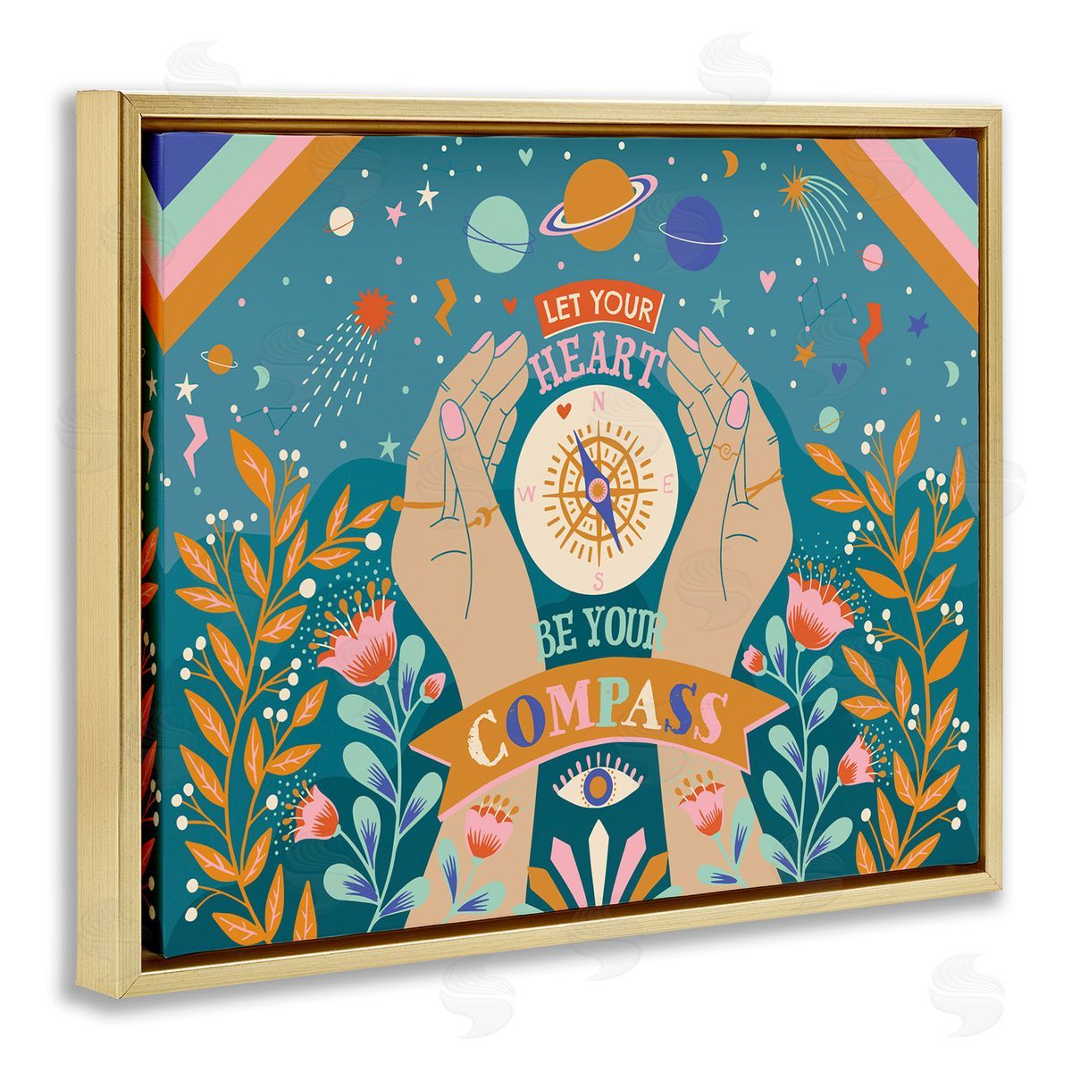 Caroline Alfreds Heart Be Your Compass Phrase Boho Chic Constellations Gold Floater Frame Canvas Art