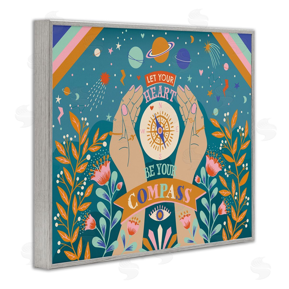 Caroline Alfreds Heart Be Your Compass Phrase Boho Chic Constellations Gray Framed Giclee Wall Art