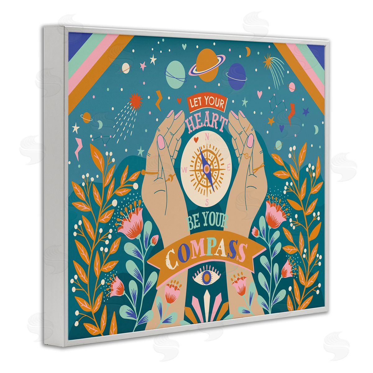 Caroline Alfreds Heart Be Your Compass Phrase Boho Chic Constellations White Framed Giclee Wall Art